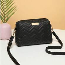 多功能高端相机包，休闲条纹刺绣单肩斜挎包，适合日常出行，拉链斜挎方包，女士手提包 - 黑色 - 查看 2