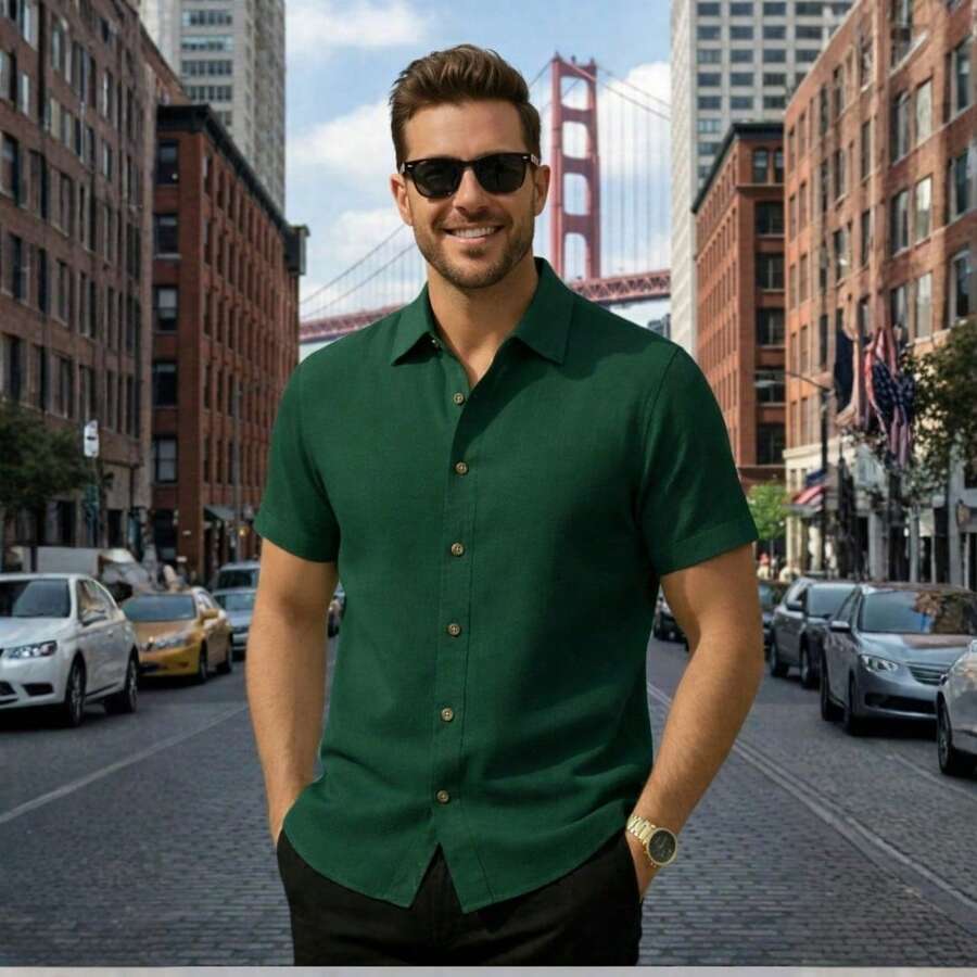 Men's Dress Shirt With Italian Collar, Short Sleeves, Slim Fit, Casual, Versatile, Elegant, Basic - 松綠 - 查看 1