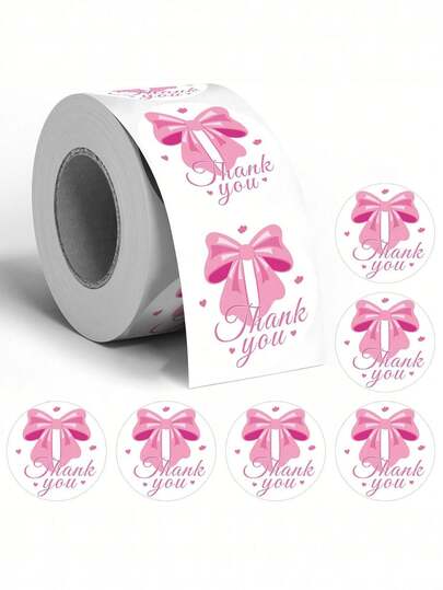 500张粉色蝴蝶结感恩涂鸦贴纸，圆形，适用于计划本、日记、DIY装饰、卡片、信封、礼品包装，是日常使用、节日、派对、婚礼、婴儿派对、生日庆祝活动的理想之选，自粘式感谢派对礼品封口标签