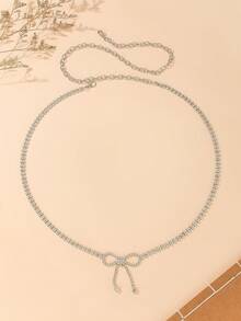 Delicate Rhinestone Bow Waist Chain, Sparkling Crystal Belly Belt For Dresses & Gowns - Silver - View 3
