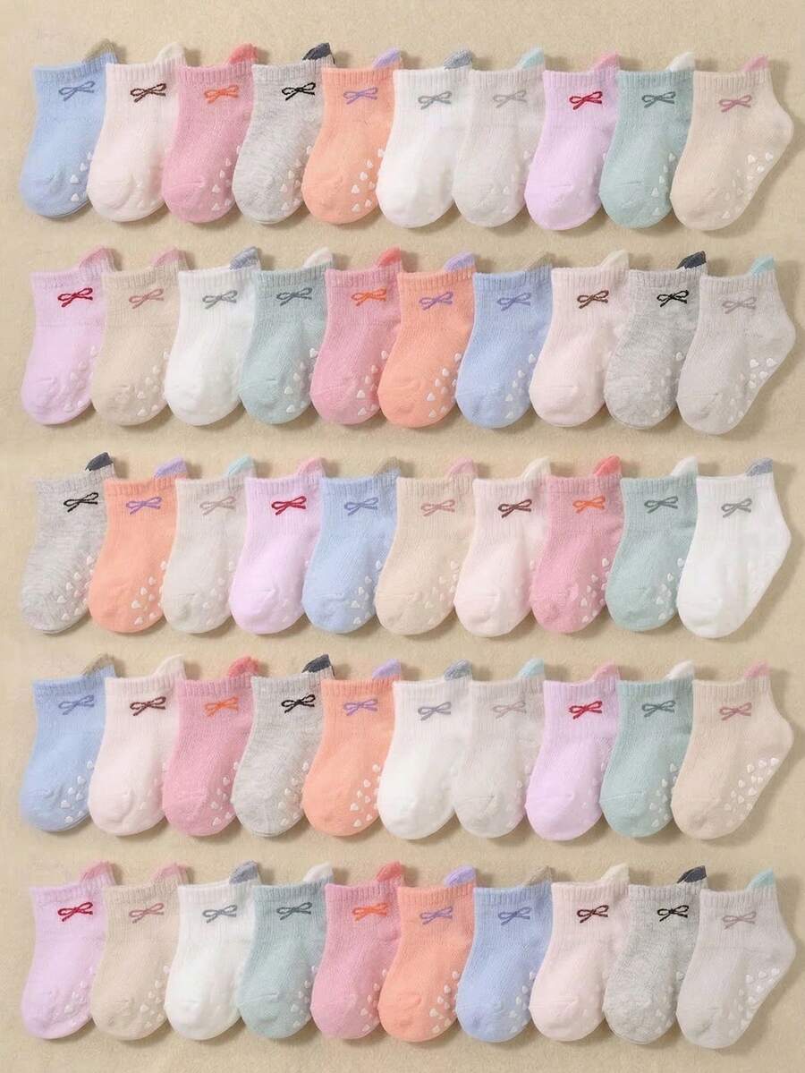 20/10/5/1 Pair Random Baby Girls' Bow Jacquard Pattern Mid-Calf Socks, Large Anti-Slip Dot Design To Protect Baby's First Steps, Heel Tab To Prevent Socks From Falling, Cute Knee-High Socks Suitable For All Seasons, Daily Wear Or Gift, Baby Girl Accessories, Match With All Outfits - Multicolor - View 1