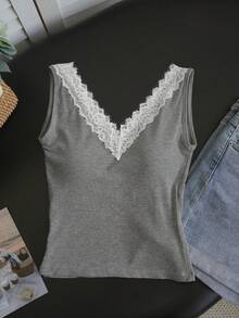 Women's Lace Patchwork V-Neck Camisole, Built-In Padded Sexy Slim Fit Tank Top, Spring/Summer - Grey - View 6