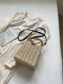Summer Holiday Handmade Woven Bag, Straw Bamboo Handle Tote Bag For Women, Gift Box Set, Crossbody Bag, Souvenir Gift - Beige - View 9
