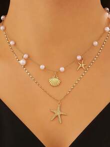 Summer Vacation Style Starfish Shell Pearl Multi-Layer Necklace, Fashionable Exaggerated Multi-Layer Necklace - Multicolor - View 2
