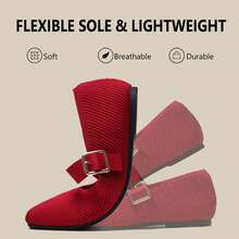 Knit Flats For Women Square Toe Slip On Casual Ballet Flats With Adjustable Strap Soft Foldable Mary Jane Shoes For Dressy Office Work Daily - 紅色 - 查看 3