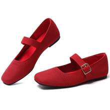 Knit Flats For Women Square Toe Slip On Casual Ballet Flats With Adjustable Strap Soft Foldable Mary Jane Shoes For Dressy Office Work Daily - 紅色 - 查看 6
