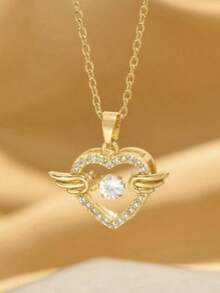 1pc Gold Angel Wing Heart Pendant Necklace, Romantic Luxury Elegant Style Fashion Jewelry, Suitable For Dating, Gifting, And Daily Wear (OPP Bag Packaging) - Yellow Gold - View 3
