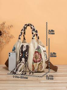 1pc (Random Cut) Bohemian Handmade Woven Owl Tote Shoulder Bag, Multi-Functional Multi-Compartment Handbag & Crossbody 2-In-1, Crochet Bags - Mustard Yellow - View 2