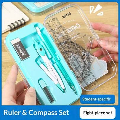 8PCS Precision Math Compass Set With Ruler, Protractor & Triangle | Green/Pink/Blue Pastel Colors | Complete Geometry Kit For School, Office & Engineering Drawing | Student Exam Supplies, Back To School Essentials, Drafting Tools, Gift For Students & Professionals
