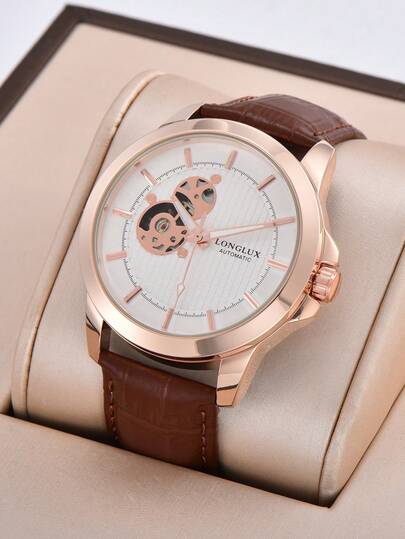LONGLUX 1pc Men's Hollow Automatic Mechanical Waterproof Leather Band Watch, High-End Casual