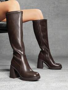 Athlefit Women's Stretch Knee High Boots - Platform Chunky Heel Square Toe Side Zip - 棕色 - 查看 2