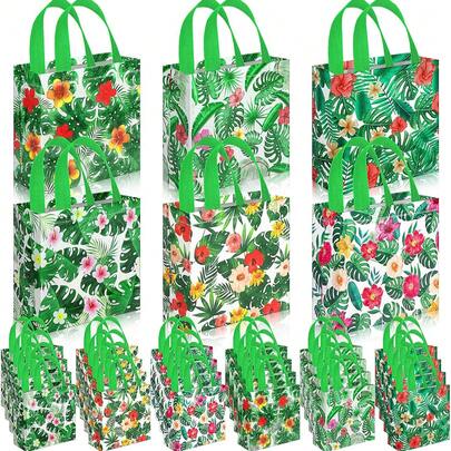 6pcs Hawaiian Party Gift Bags, Hawaiian Beach Small Gift Bags, Palm Tropical Fabric, Palm Party Gift Bags (With Handles), Non-Woven Small Gift Bags, Party Gift Bags, Packaging Supplies, Suitable For Birthday Party Packaging