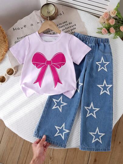 2pcs/Set Toddler Girls' Outdoor Casual Street Style Soft Bowknot Pink T-Shirt Paired With Retro Korean Star Print Blue Denim Shorts Set