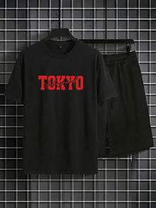 SU ER Men's Printed Round Neck Short Sleeve T-Shirt And Drawstring Shorts Casual Set - Black - View 2
