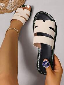 Ximi Ruo Wide Fit Rhinestone Embellished Comfortable Slippers, Korean Casual Flat Sandals For Women, Open Toe Slides For Spring, Summer, Beach, Casual Wear - Beige - View 6