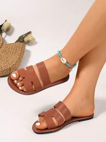 Ximi Ruo Wide Fit Rhinestone Embellished Comfortable Slippers, Korean Casual Flat Sandals For Women, Open Toe Slides For Spring, Summer, Beach, Casual Wear - Brown - View 3