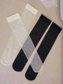 1双波点透明网纱过膝袜，透气轻薄透明女款长筒袜 - 彩色 - 查看 4
