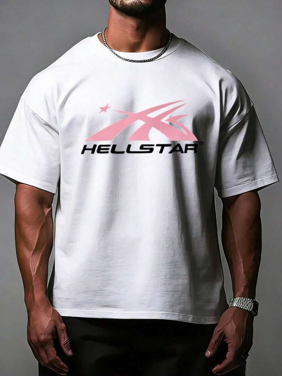 Hellstars Pink Abstract Logo Y2K Graphic T-Shirt,220g 100% Cotton,Round Neck Short Sleeve,White Streetwear Essential For Summer Going Out,Unisex Style - 白色 - 查看 1