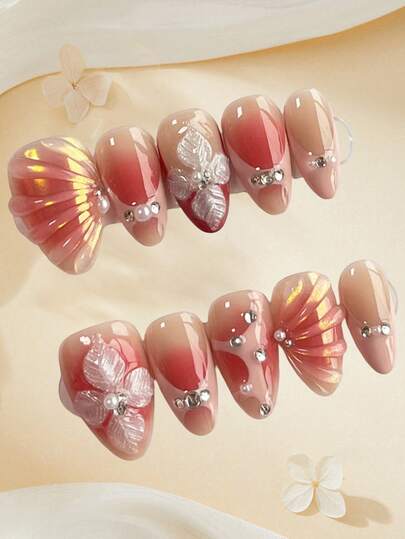 10片法式花卉短杏仁形美甲贴片，手工亚克力美甲贴纸，Y2K全息DIY美甲贴片套装，3D立体效果，搭配白色珠子/钻石宝石饰品，可用于美甲沙龙、女孩和女士日常美甲、婚礼、节日派对和送礼，是送给女孩的礼物，也是夏季美甲必备单品。