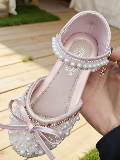 Girls' Party Shoes With Pearl Bow Detail And Ankle Strap, Elegant Girls' Outfit