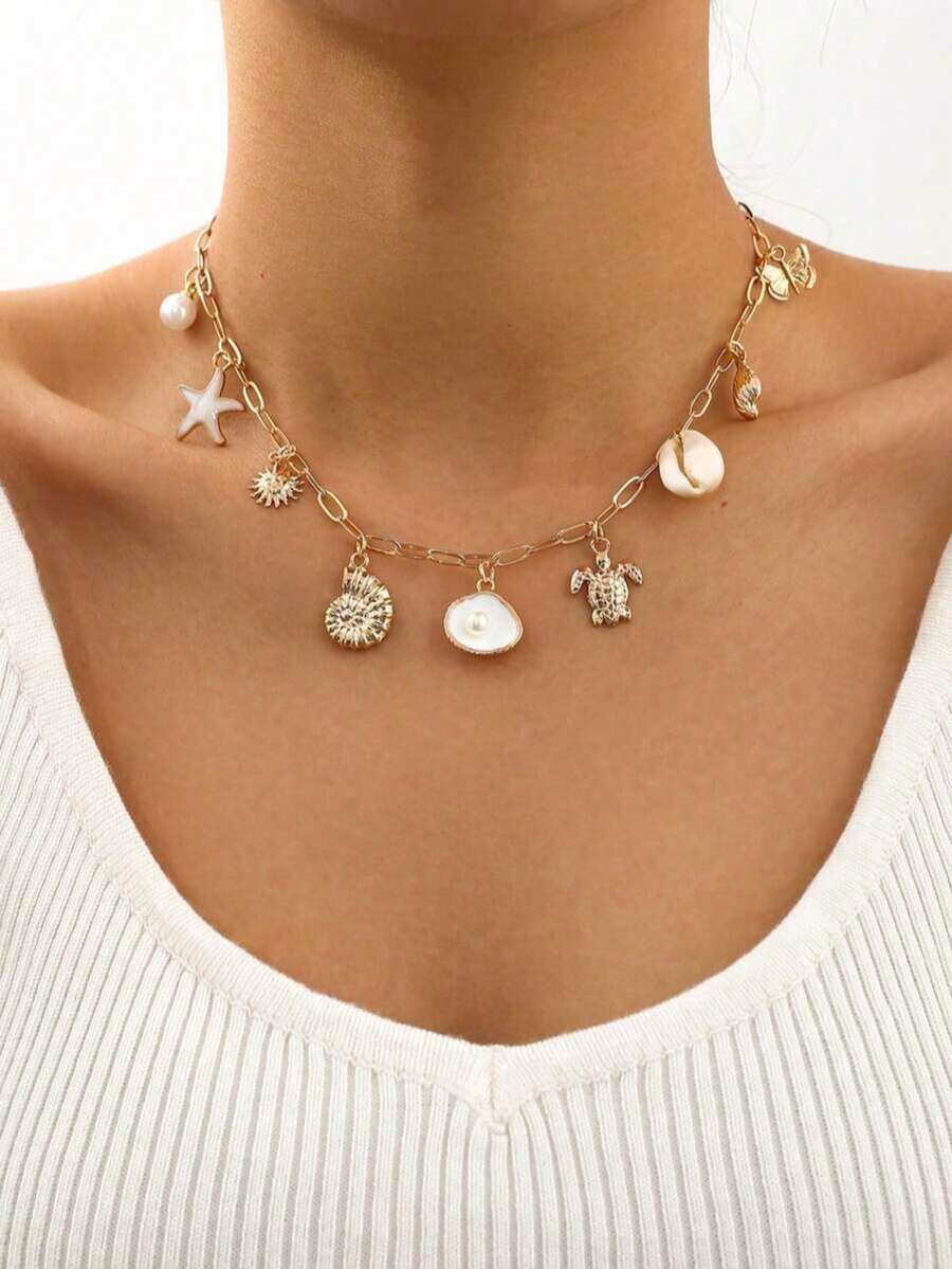 1pc Alloy Pendant Oil Drop Chain Necklace, Bohemian Style Beach Vacation Artificial Starfish & Shell Pendant, Faux Pearl Sexy Fashion Necklace - Gold - View 1