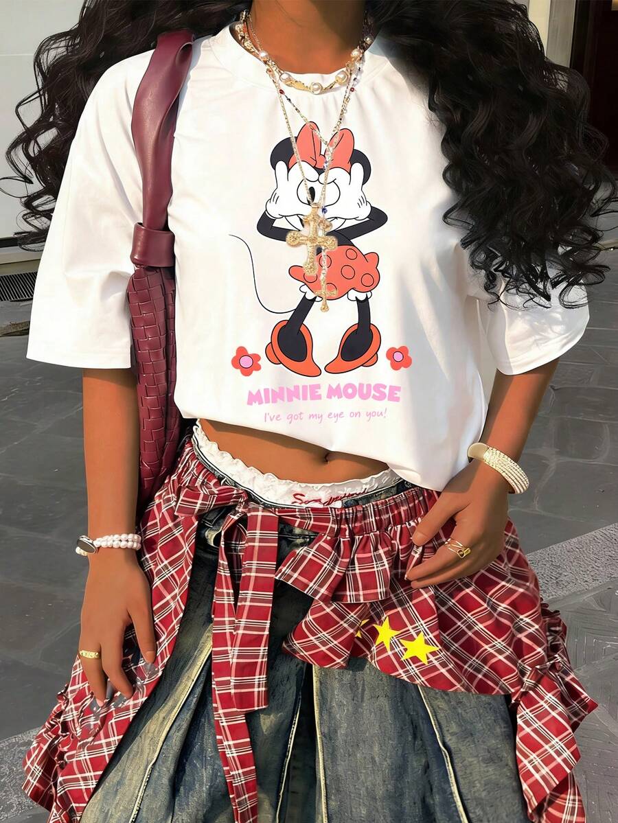 Disney Y2K Style Minnie Mouse Playful Cool & Cute Short Sleeve T-Shirt- Same For Both Men And Women - 白色 - 查看 1