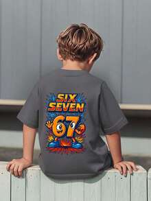 男童休闲印花圆领短袖T恤，夏季上衣 - 深灰色 - 查看 3