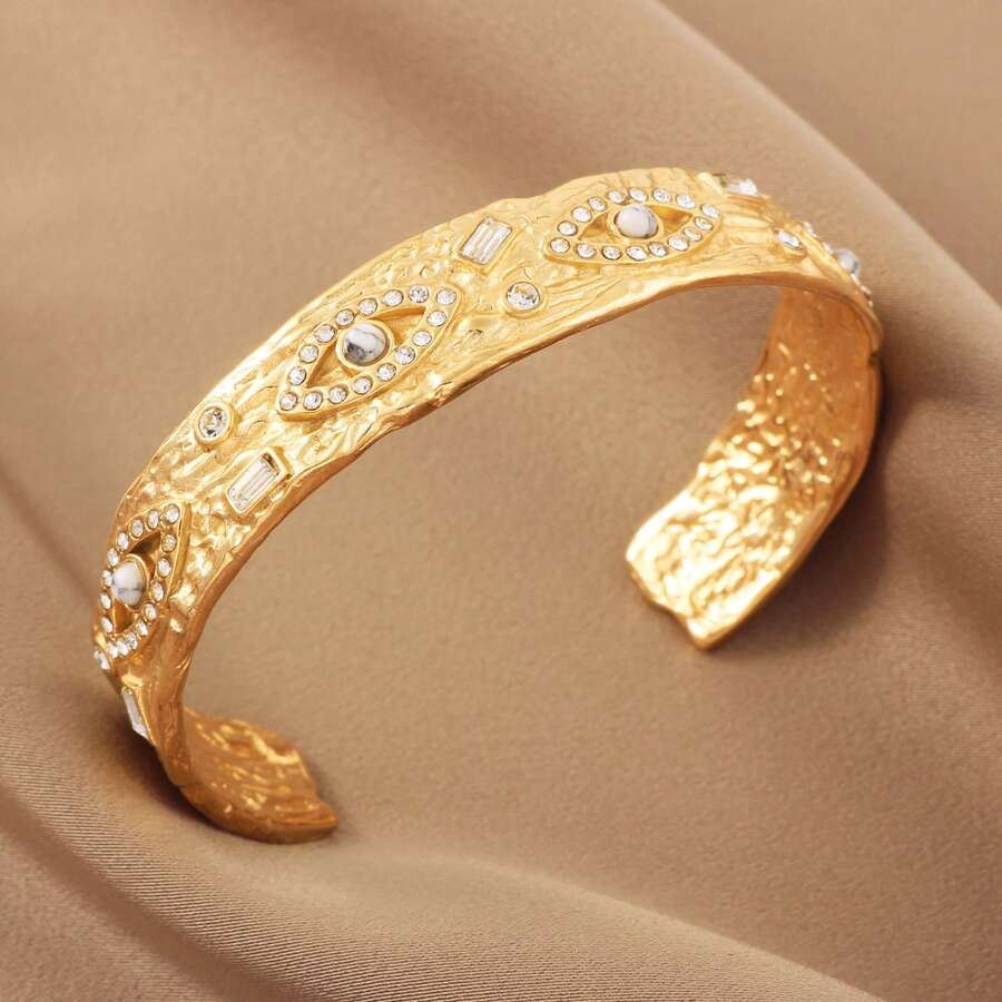 1件装恶魔之眼串珠可调节开口手镯，18K镀金304不锈钢，恶魔之眼吊坠，适合婚礼、派对、万圣节、圣诞节等场合，全年佩戴，二月生辰石，青少年适用 - 金色 - 查看 1