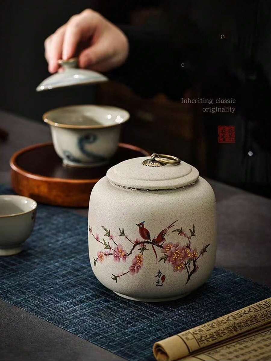 1个复古暖黄色加厚陶瓷茶叶罐，防潮便携密封储物罐，家居装饰罐，适合餐桌和办公室使用，送给父亲/丈夫的绝佳礼物，茶具的完美搭配，陶瓷干果密封罐，返校季必备 - 彩色 - 查看 1