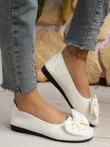 New Spring/Autumn Fashion Wedge Heel Round Toe Criss-Cross Elastic Band Women Casual Loafers - White (with Rhinestone Bow) - View 4