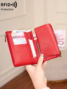 MIYIN Stylish Patchwork Designshort Wallet RFID Blocking Soft Leather Wallet With Card Slot & Zippered Pocket,Retro Portable Three-Fold Design Magnetic Buckle Wallet Business Casual Women's Wallet For Daily Outings Shopping For Women Wallet Purse Wallet Small Wallet Anti-Theft Wallet, Gifts Essentials Items For Women - Red - View 5
