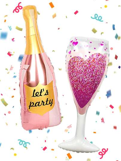 2/4pcs Rose Gold Party Wine Bottle Shaped Balloons, Champagne Glass Foil Balloons Suitable For Birthday Party, Anniversary, Wedding, Bachelorette Party, Summer Theme Decor