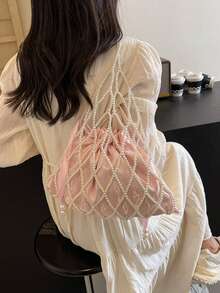 法式仙女珍珠串珠单肩包，粉色天鹅绒抽绳袋内衬，高品质精致小众设计可爱手提包，镂空珍珠包 - 粉色 - 查看 4