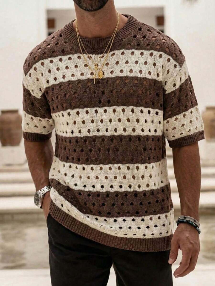 Unisex Colorblock Striped Mesh Breathable Loose Fit Crew Neck Short Sleeve Knit Top, Spring/Summer - Khaki - View 1