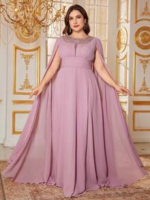 SUPGIR Plus 女士优雅V领超长袖亮片拼接雪纺仙气修身气质长款舞会晚礼服 - 粉色 - 查看 4