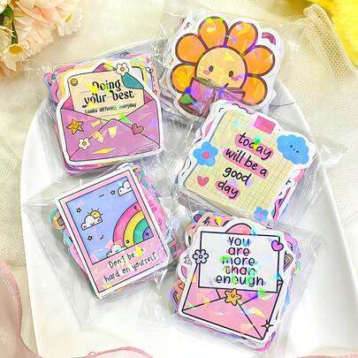 50张彩色激光励志文字贴纸，不对称闪亮美学图案，高清反光闪粉，强力粘性不留残胶，适用于学生文具装饰、手机/电脑个性化、汽车个性化、计划本/日记装饰、励志贴纸