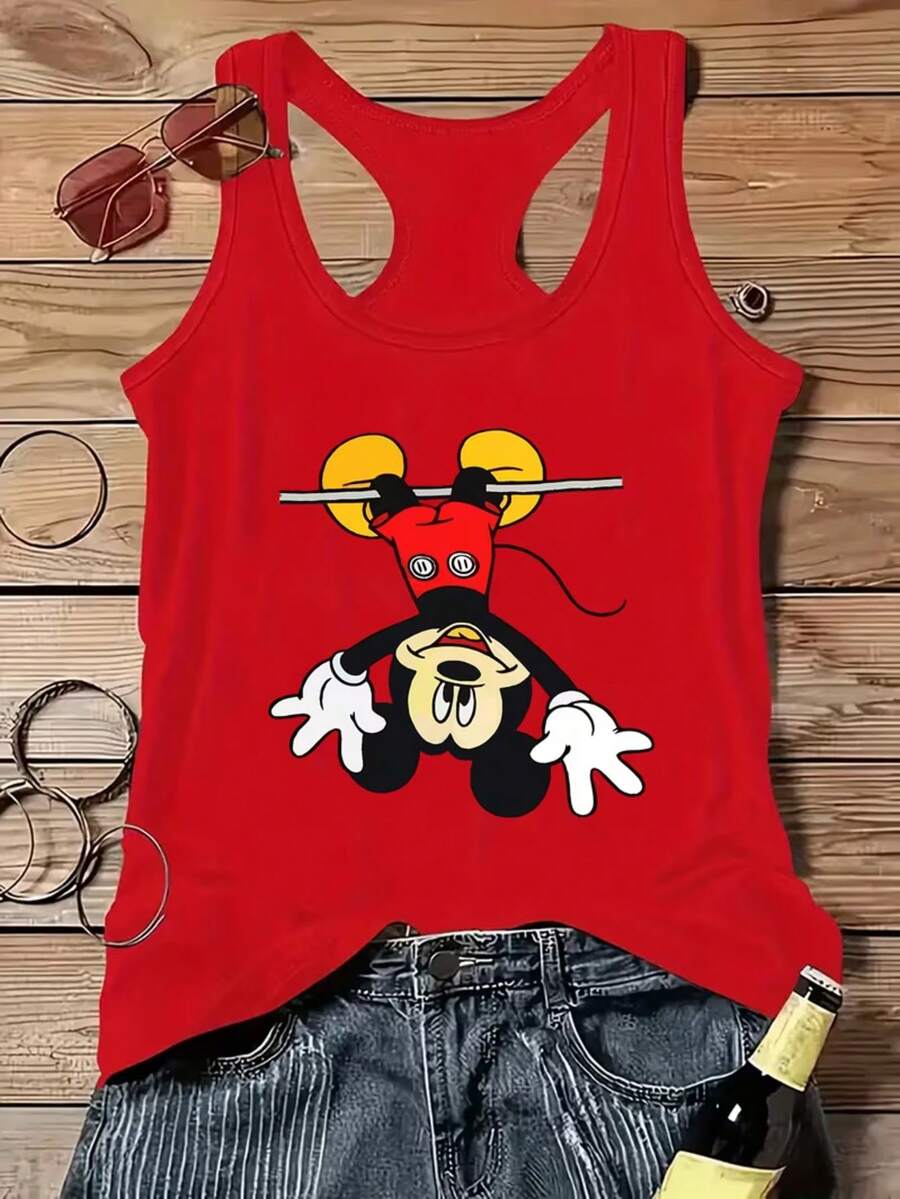 Disney Authorized A Y2K Fashion Sleeveless Tank Vest T-Shirt With Mickey Mouse Print, Cool Summer T-Shirt, Sleeveless Tank Vest T-Shirt With Round Neck Casual Top, Spring And Summer, Women's Wear, Multiple Sizes And Colors To Choose From. - Red - View 1