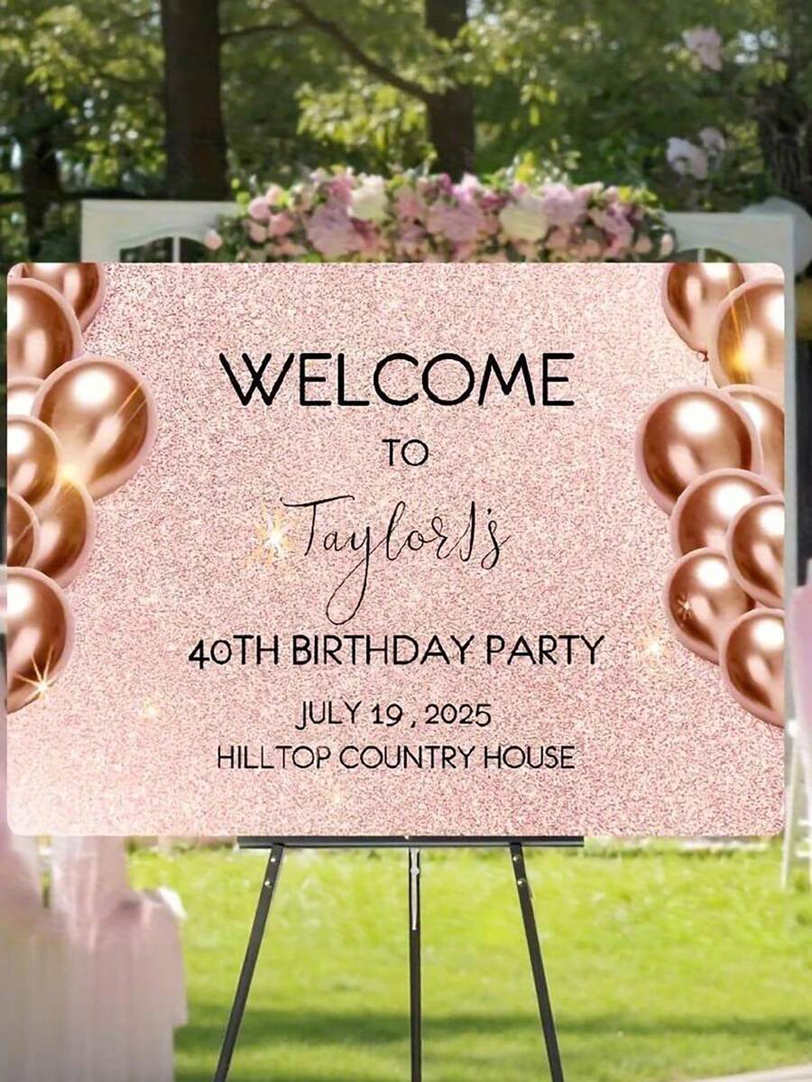 Cartel de bienvenida personalizable con fondo de oro rosa. Se puede personalizar con varios estilos de texto, incluyendo nombre, dirección, fecha, etc. Adecuado para despedida de soltera, cumpleaños, fiesta de graduación, bautizo de 1er cumpleaños, boda y otras ocasiones. Hecho de material de PVC - Multicolor 06 - Ver 1