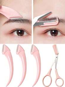 4/3pcs Pink Eyebrow Razor, Women's Facial Hair Removal Tool, Portable Eyebrow Trimmer, Stainless Steel Blade Eyebrow Razor, Eyebrow Shaping Makeup Tool, Grooming Supplies, Depilation Tool, Foldable - Eyebrow Trimmer - View 1