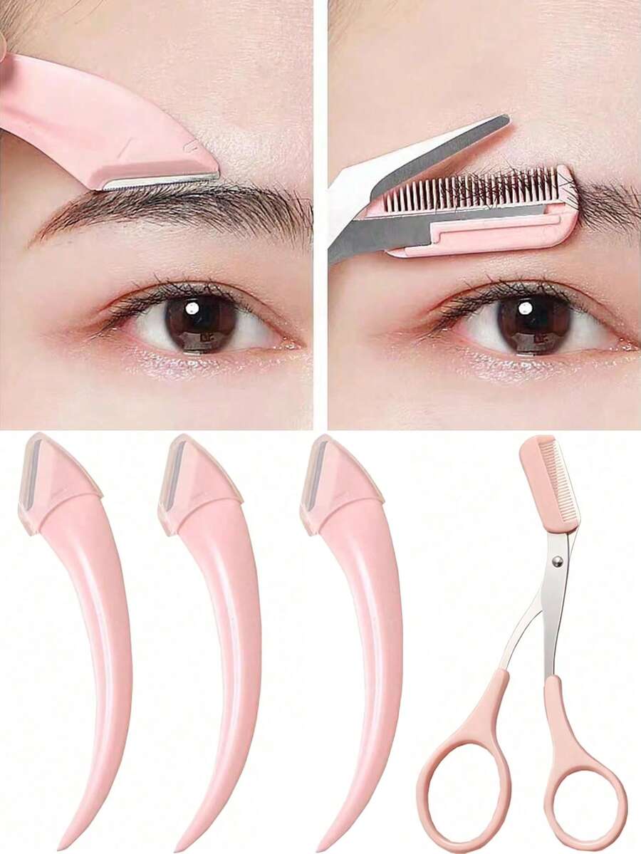 4/3pcs Pink Eyebrow Razor, Women's Facial Hair Removal Tool, Portable Eyebrow Trimmer, Stainless Steel Blade Eyebrow Razor, Eyebrow Shaping Makeup Tool, Grooming Supplies, Depilation Tool, Foldable - Eyebrow Trimmer - View 1