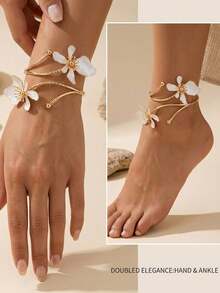 2 Stücke Boho-Stil weißer Blumen Fußkettchen für Frauen, goldfarbener floraler Wickel-Knöchelschmuck, verstellbar für Sommer Strand Urlaub Fußschmuck, elegantes Braut Hochzeit Statement Armreif Accessoire - Verschiedenfarbig - Übersicht 2