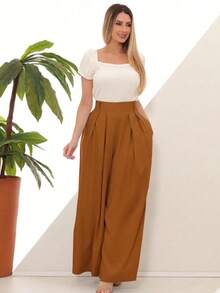 Women's Wide Leg High Waist Wide Leg Pants - Amber Brown - View 9