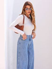Manon Store Women's Dark Blue High-Waisted Wide-Leg Jeans - 淺色水洗藍 - 查看 7