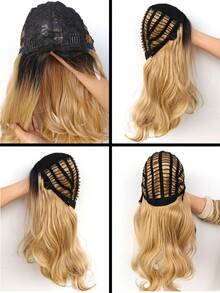 Tóc giả xoăn vàng ombre 22 inch có mái, tóc giả tổng hợp xoăn vàng ombre, kiểu dáng tự nhiên, phù hợp để đội hàng ngày cho phụ nữ. - Tóc vàng ombre - Xem 7