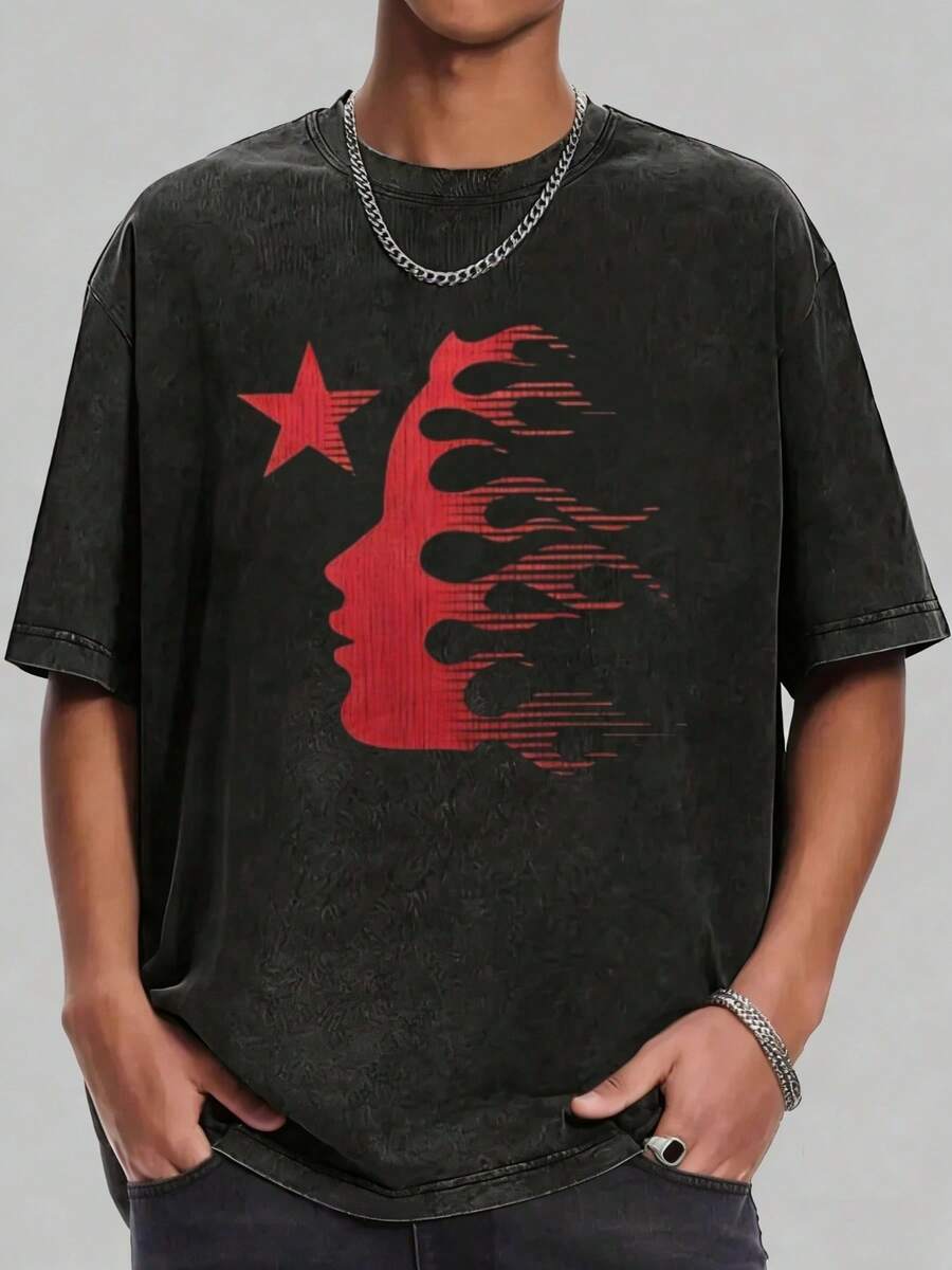 Hellstars Red Speed Flame Profile Retro Washed Print Round Neck Short Sleeve T-Shirt, 230g 100% Cotton T-Shirt, Summer Clothes, Men's Tops, Casual And Comfortable, Fashionable Graphic Tee, Unisex Style - Black - View 1