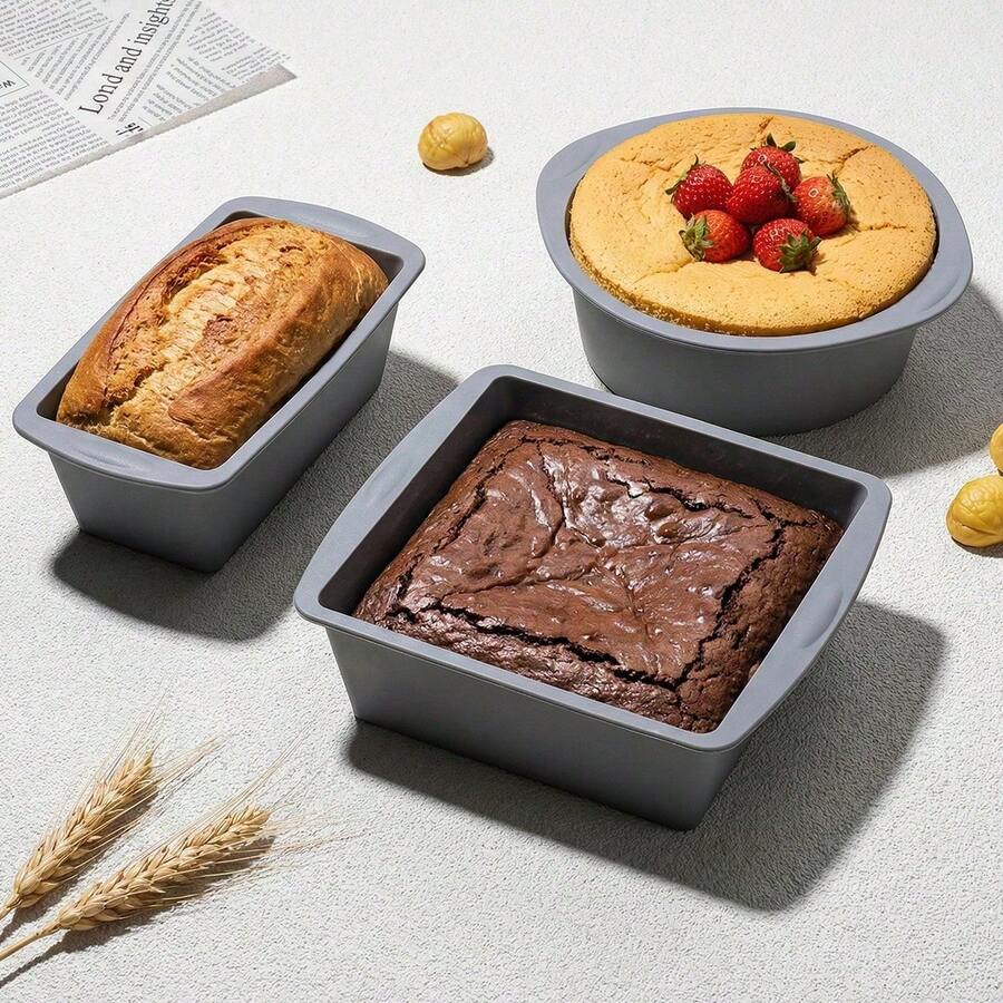 3pcs Silicone Baking Set - Round & Square Cake Molds, Non-Stick Bread Molds Suitable For Pizza, Heat Resistant & Easy To Clean - Holiday Baking Tool Set - Multicolor - View 1