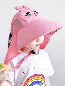 1 pieza Sombrero de cubo con protección solar y diseño de conejo rosa de dibujos animados, con correa ajustable y silbato para niñas pequeñas, para primavera/verano, chal grande - Rosa - Ver 13