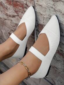 白色尖头编织网面鞋，浅口玛丽珍鞋，透气休闲通勤鞋，适合春夏穿着，修身款 - 白色 - 查看 3