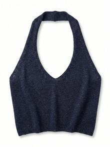 女士藏蓝色亮片针织两件套，性感露脐吊带上衣和系带迷你裙，闪亮薄纱夏季沙滩派对装扮 - 藍色 - 查看 9