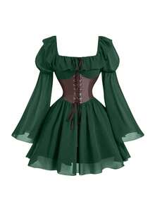 Robe médiévale à manches bouffantes, nouvelle robe de cosplay pour femme, jupe vintage ajustée avec cordon de serrage pour Halloween. - Noir - Voir 3